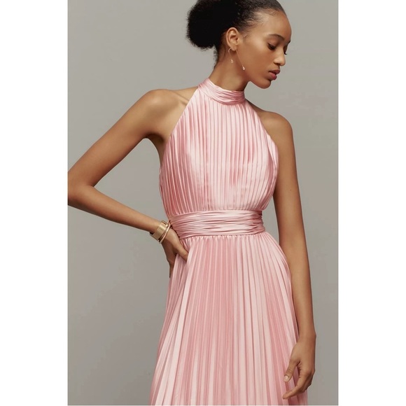 ANTHROPOLOGIE Mac Duggal Satin Pleated Halter High Neck Gown Maxi Dress Pink NWT - Picture 2 of 12